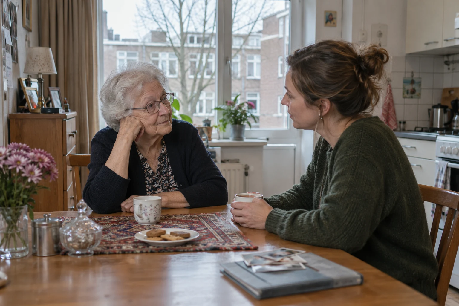 Een oudere vrouw praat met een bezoeker aan haar keukentafel.