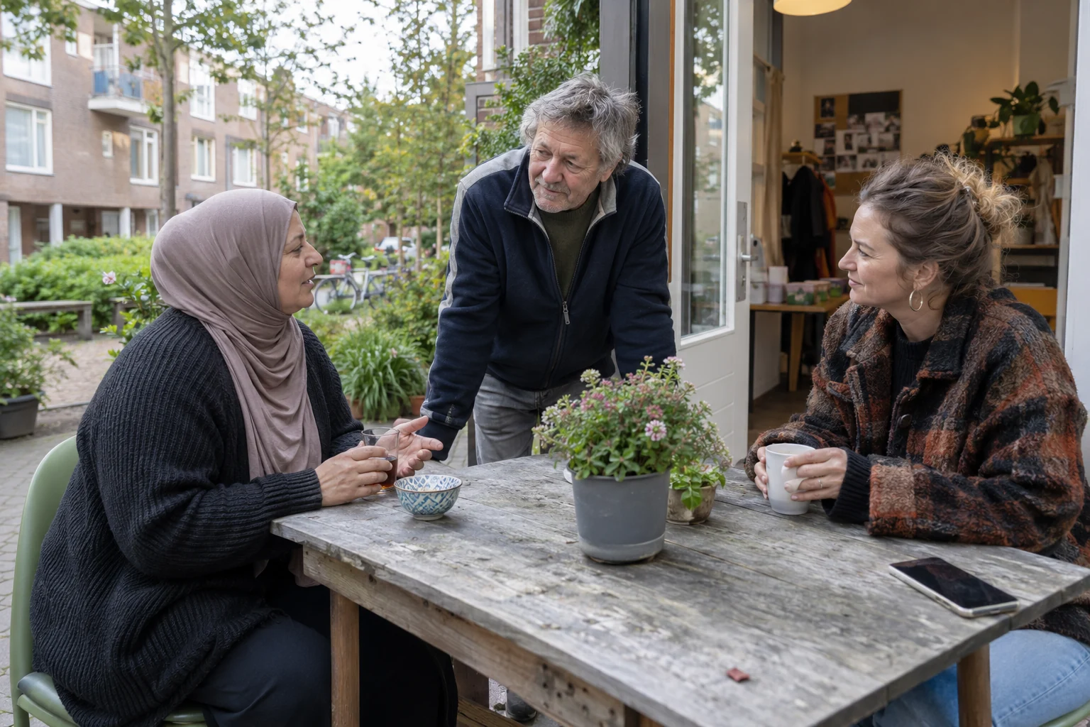 Drie buren praten bij een tafel naast de open deur van een buurtkamer.
